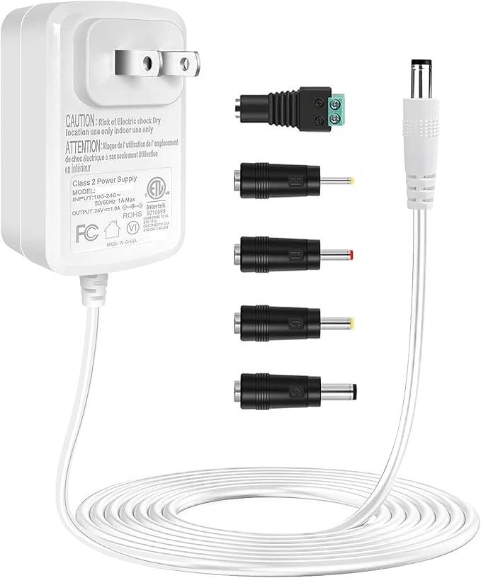 TKDY 24V 1A Power Supply Cord White, 110-240V AC to 24Vdc 24W Class 2 Adapter, DC24V Switching Charger for 24 Volt 1.0A 1000mA 0.75A 750mA 0.5A 500mA Diffuser Humidifier LED Light.