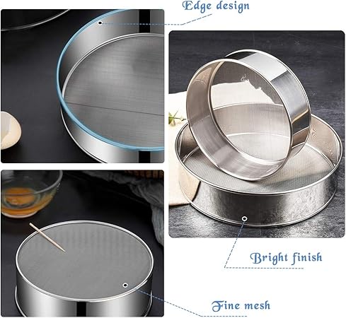 2 Pack Flour Sifter,Stainless Steel Fine Mesh Strainers Flour Sieve,60 Mesh Round Sifter for Baking Cake Bread (6-Inch and 8-Inch)