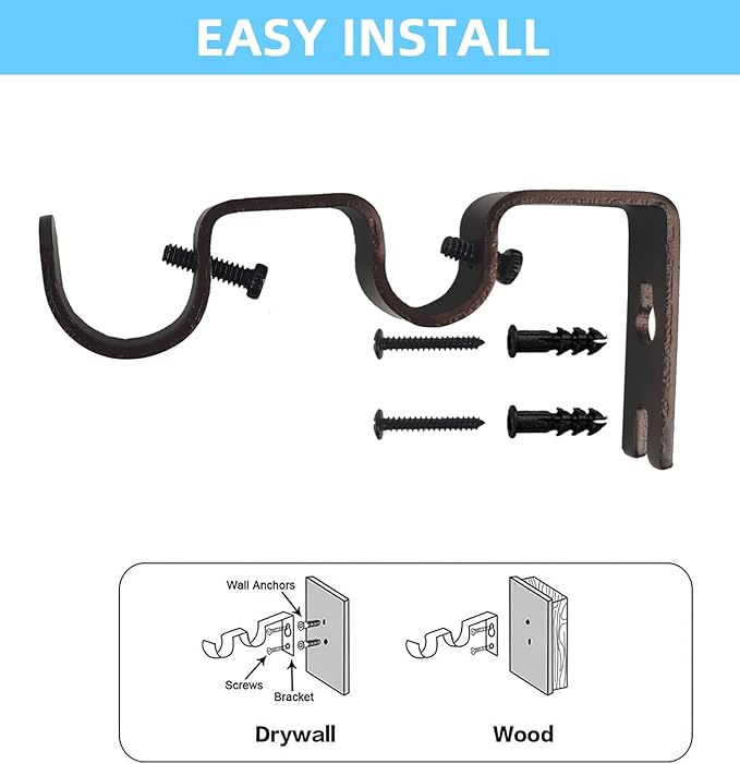 3PCS Double Curtain Rod Brackets, Fits up to 1 and 58 inch Rods, Double Fixed Wall Brackets, Bronze