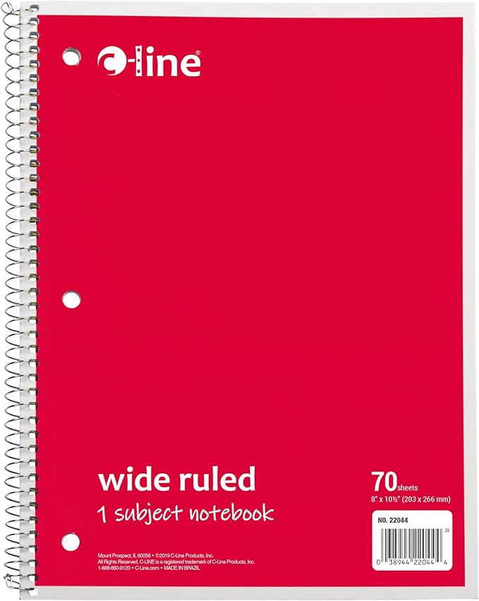 C-Line 1 Subject Notebook, 8 x 10-1/2 Inches, Wide Ruled, Red, 70 Sheets