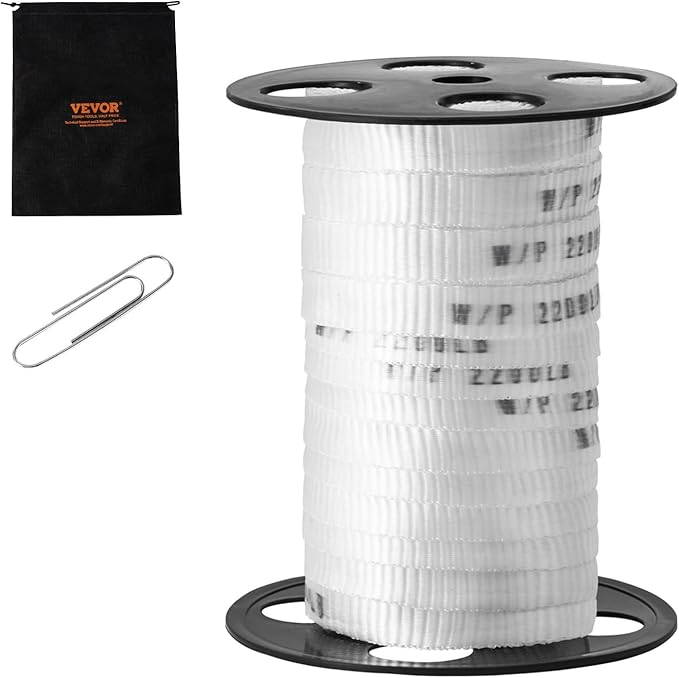 VEVOR Polyester Pull Tape, 5/8" x 108' Mule Tape Flat Rope, 2200 lbf Tensile Capacity, Printed Webbing Cable Pulling Tape for Packaging, Gardening, Commercial Electrical, Conduit Work, White