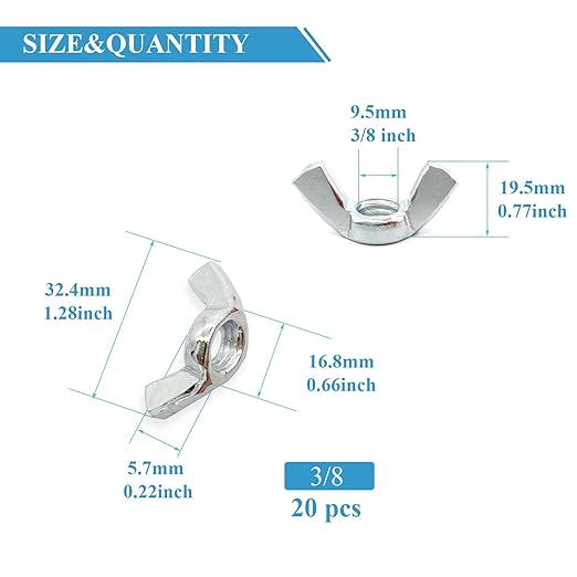 20 PCS 3/8-16 Inch Wingnuts, Quality Carbon Steel Wing Nuts Zinc Plated Fasteners Parts Butterfly Nut, Hand Twist Tighten Hardware Nuts Butterfly Wing-Nut 3/8-16” Assorted Kit
