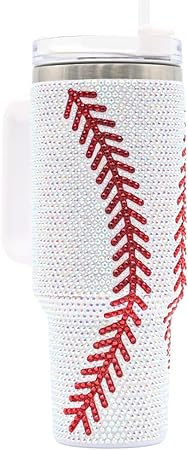 40 Oz Rhinestone Bling Tumbler Cup with Handle and Straw (BASEBALL), Stainless Steel and Double Wall Insulated