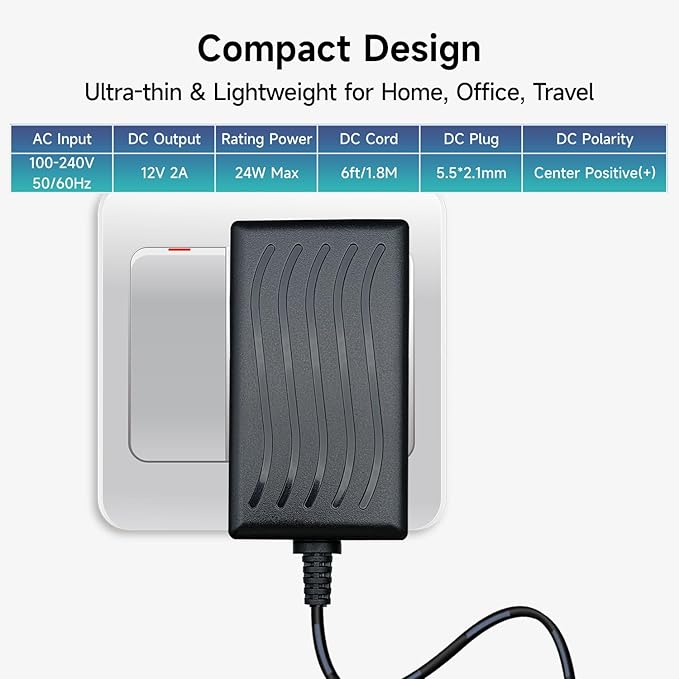UL Listed 12V 2A 24W 6ft Long Power Supply Adapter, AC DC Switching Adapter (Input 100-240V, Output 12Volt 2Amp 2000mA), DC 12V 5.5x2.1mm Wall Mount Transformer Charger Plug