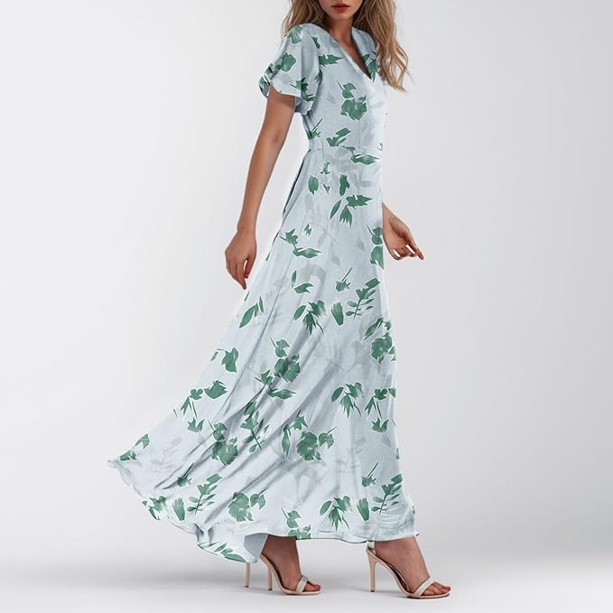 Chiffon Dresses for Women Flutter Sleeve Summer Boho Floral Maxi Dresses Gauze Flowy Garden Wedding Guest Long Dress