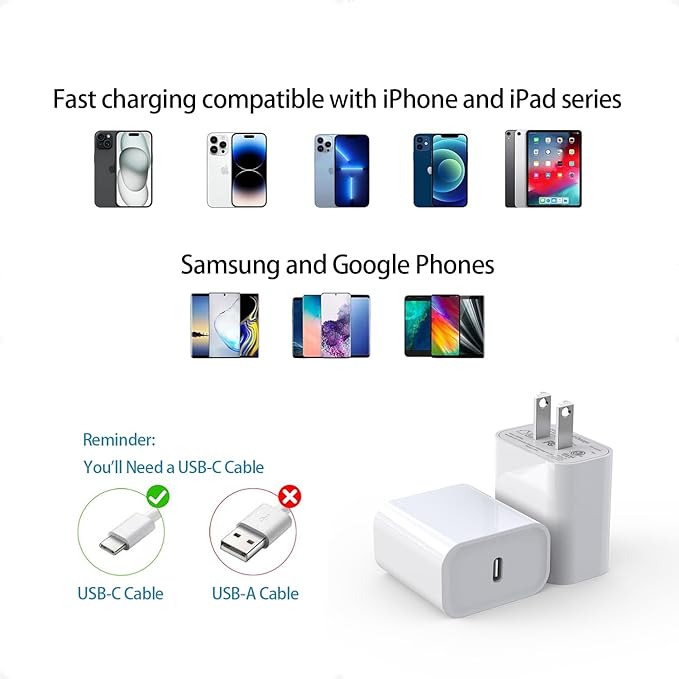 USB C Fast Charging Block for Apple Watch iWatch iPhone iPad, 20W Type C Wall Charger Plug Cube for iPhone 1615 Charger Fast Charging Cube 1 Pack White