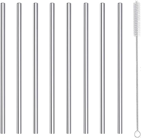 Cocktail Straws Short Small Mini Straw Reusable Metal Stainless Steel Bar Drinking Straws Set with Cleaner Brush for Cocktails Rock Gin Glass Coffee Mason Jar Tumblers Fruit Juice, Silver 8 Pcs