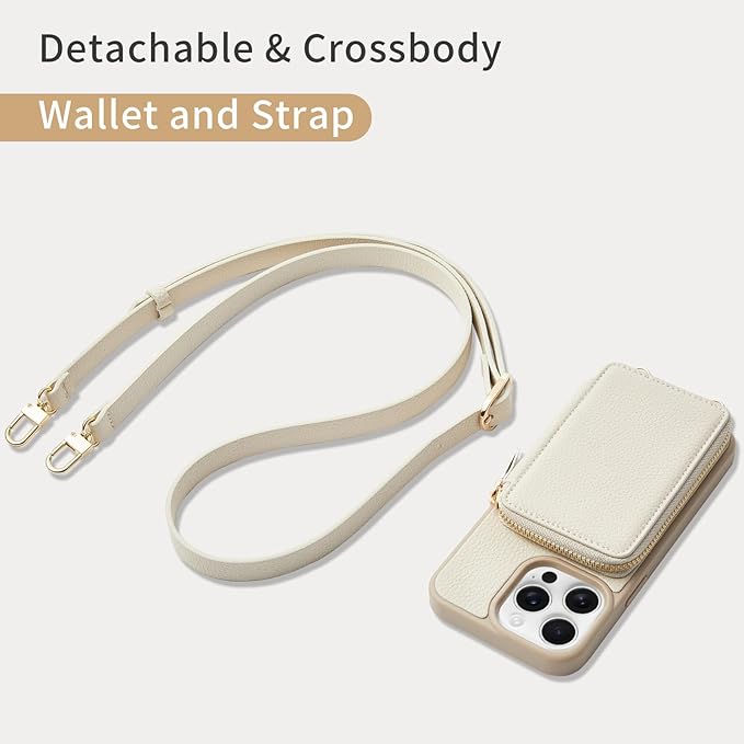 ZVE for iPhone 13 Pro Max Wallet Case Crossbody, Phone Case with Card Holder Wrist Strap, Zipper Leather RFID Blocking Purse Cover Gift for Women for iPhone 13 Pro Max, 6.7", 2021- Beige