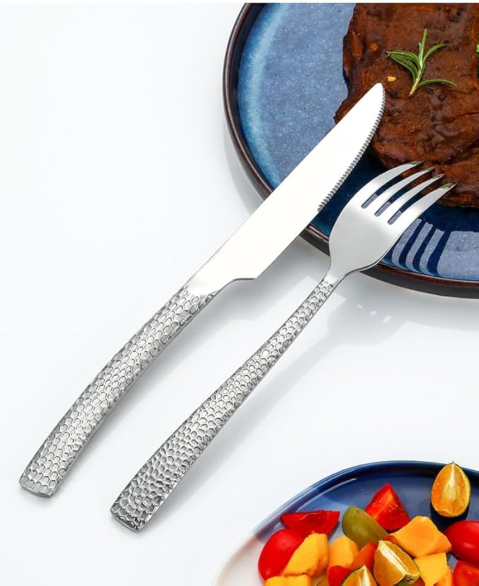 Silverware Flatware Set, 14681012 Pieces Stainless Steel Water Cube Cutlery Knife Hotel Family Hammered Steak Knife(Black,1 Piece)