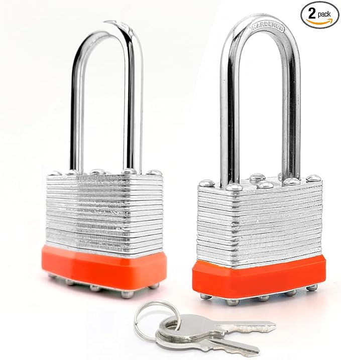 Lock Laminated keyed Padlock (1-9/16", 40mm), keyed Alike Locks, Long Shackle,Marked Orange Plastic Hoop, Pack of 2