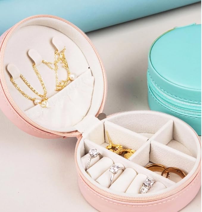 Round Small Jewelry Box Pu Leather Travel Jewelry Organizer for Women 2pcs Mini Travel Jewelry Storage Organizer Case Round for Necklace Earrings Valentine's Day Gift (Pink)