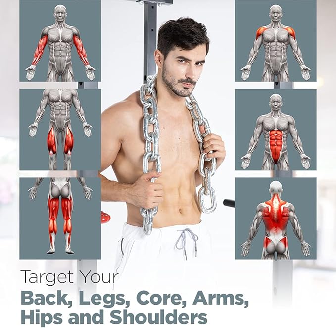 Logest Weight Lifting Chains with Collars - 1 Pair Available in 45LBS Steel Workout Chains - Fitness Equipment for Deadlifts Bench Presses and More Targets Back Legs Core Weight Chains
