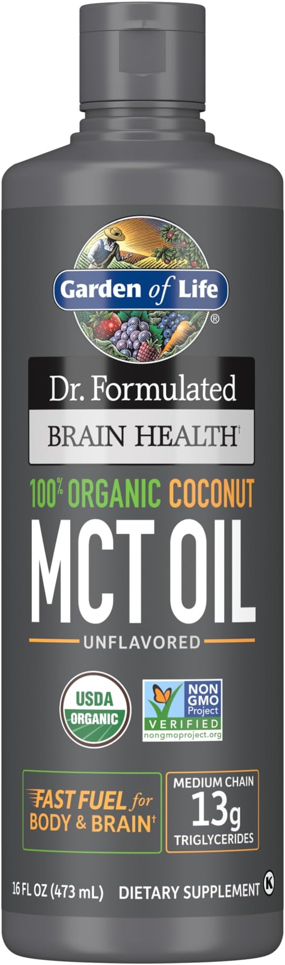 Garden of Life Dr. Formulated Brain Health 100 Organic Coconut MCT Oil 16 fl oz Unflavored, 13g MCTs, Keto Paleo Diet Friendly Body Brain Fuel, Certified Non-GMO Vegan Gluten Free, Hexane-Free