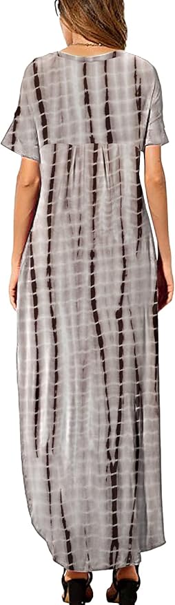 HUSKARY Women's Summer Maxi Dress Casual Loose Pockets Long Dress Short Sleeve Split Maxi Dresses