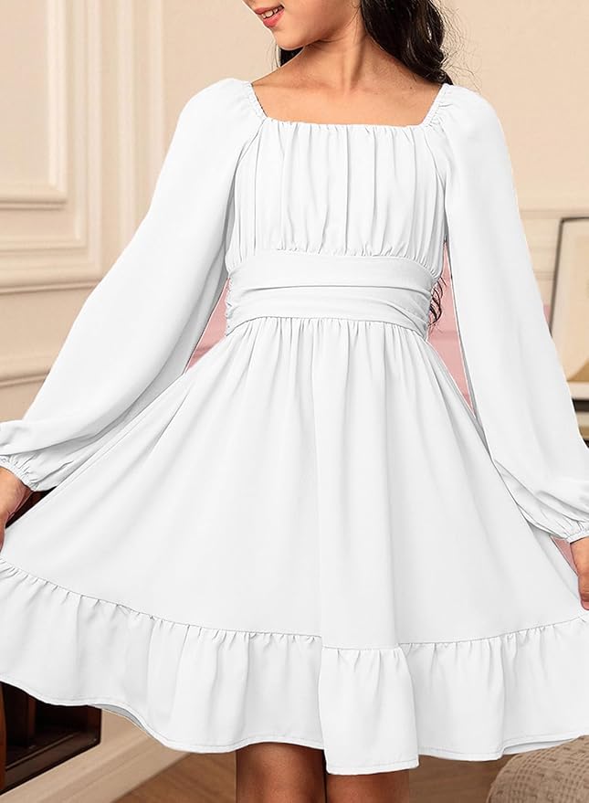 blibean Girls Long Sleeve Tie Back Dress Tween Fall Off Shoulder Dress Size 6-15 Years