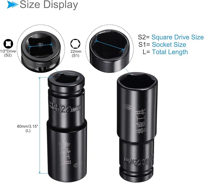 Deep Impact Socket, 12" Drive 22mm Socket, CR-V Steel Rounded Corner Design 6-Point Deep Impact Socket - (Applications: for Screw Installation and Removal)