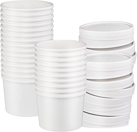 12 oz 25 Pack Paper Soup Bowls with Lids, Disposable Soup Cups, Ice Cream Containers, White Disposable Food Containers White for Hot or Cold Soup