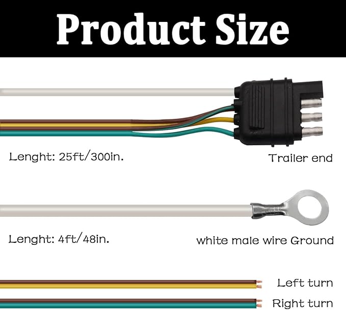 25ft Flat 4 Wire Trailer Light Wiring Harness Extension Kit, 18 Gauge White Ground Wire Trailer Wiring Harness for O-016 Trailers