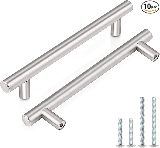 Probrico (10 Pack 5" Hole Centers Satin Nickel Cabinet Pulls Euro T Bar Handle Pulls Stainless Steel Kitchen Bathroom Furniture Cabinet Pulls