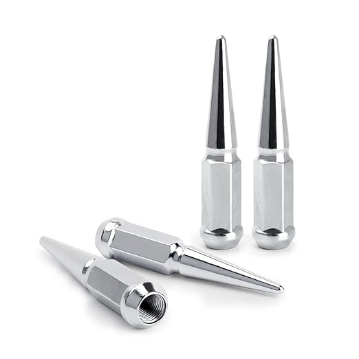 14 mm x 1.5 Wheel Spike Lug Nuts, 4 x Silver M14x1.5 Lug Nut, ConeConical Bulge Seat, Dynofit Silver Closed End Nuts for Che-vy Silverado Aftermarket Wheel