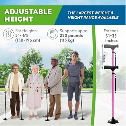 HONEYBULL Walking Cane for Men Women - Foldable, Adjustable, Collapsible, Free Standing Cane, Pivot Tip, Heavy Duty Walking Sticks, Folding Canes for Seniors Adults Pink