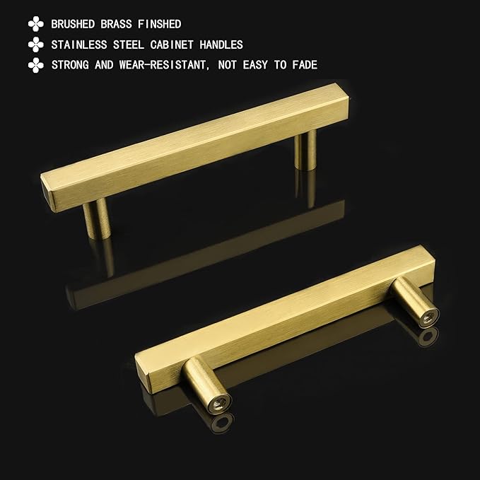 goldenwarm Gold Cabinet Pulls Brushed Brass Kitchen Cabinet Handles 2Pack - LS1212GD102 Square Gold Drawer Pulls for Dresser Modern Hardware 4in(102mm) Hole Center