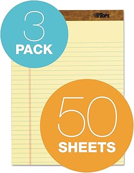 TOPS The Legal Pad Writing Pads, 8-12" x 11-34", Canary Paper, Legal Rule, 50 Sheets, 3 Pack (75327)