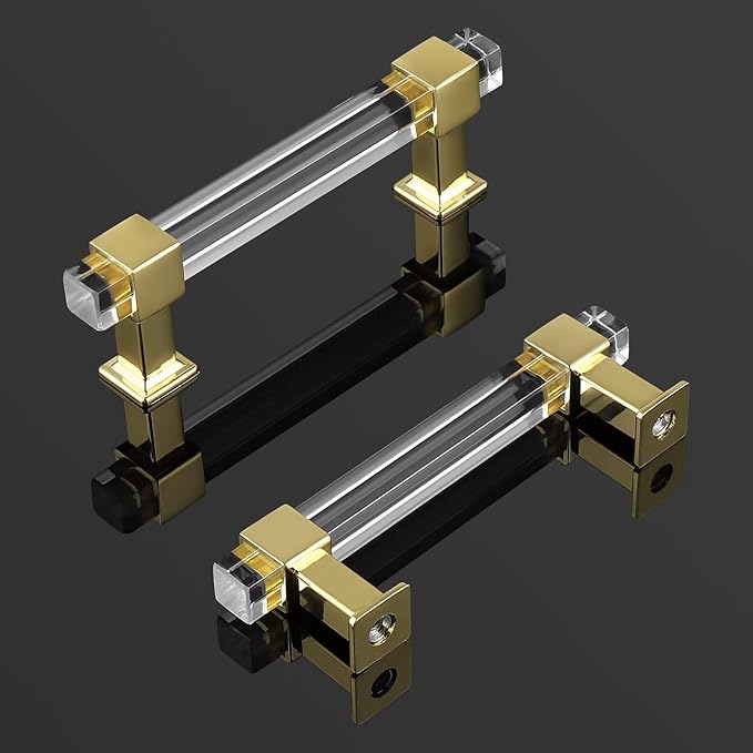 knobelite 3-12 Inch Hole Center Adjustable Cabinet Pulls 5 Pack, Square Drawer Pulls with Gold Zinc Alloy Base and Clear Arcylic Tube, Kitchen and Bedroom Glass Cabinet Handles