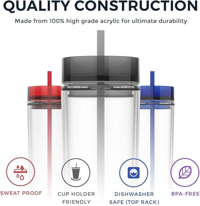 Maars Drinkware Double Wall Insulated Skinny Acrylic Tumblers with Straw and Lid, 16 oz. (4 pack, Clear)