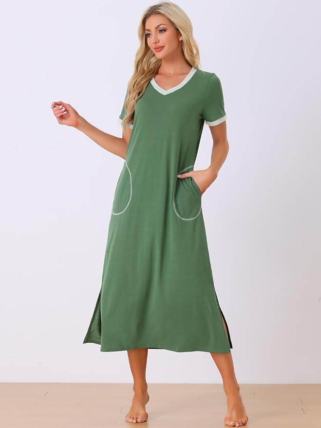 cheibear Women V Neck Nightshirt Long Basic Slit Nightgown Big Pockets Short Sleeve Sleepshirt