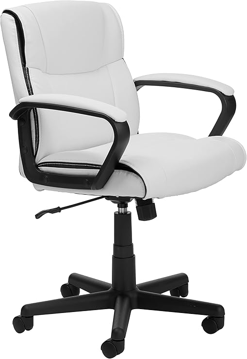 Basics Office Computer Task Desk Chair with Padded Armrests, Mid-Back, Adjustable, 360 Swivel, Rolling, 275 Pound Capacity, 24.2"D x 24"W x 38.6"H, BIFMA Certified, White Faux Leather