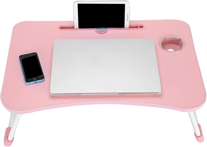Lap Desk, Laptop Bed Table 60 x 40 x 28cm Bed Desk Stand with Foldable Legs & Cup Slot Notebook Stand Computer Laptop Tray for Sofa Bed (Color : Pink)
