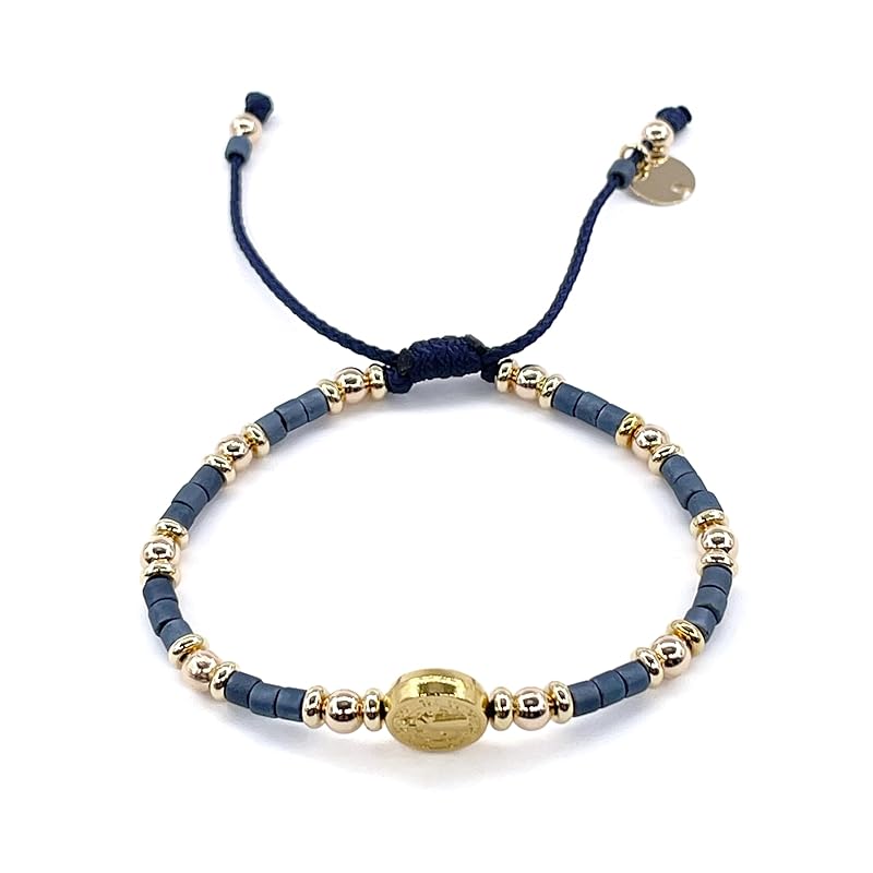 St Benedict Coin Bead Round with Miyuki seed beads and Gold Plated spacers Adjustable Bracelet for Women (Blue)