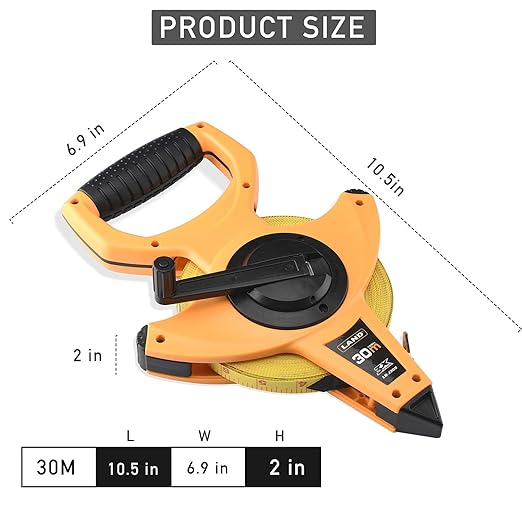 LAND 100FT30M Heavy Duty Fiberglass Tape Measure - 12-Inch Wide, Dual InchMetric Scale, Durable Open Reel Measuring Tape for Surveying, Engineering, Runway Construction