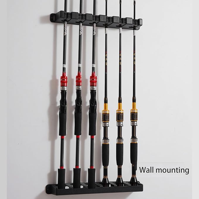 Fishing Rod Holder for Garage Vertical Wall Mounted Stores 6 Rods or Combos Fits Most Rod Diameters (Vertical Black, 1 Pair)
