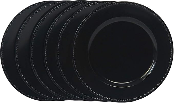 WELMATCH Black Plastic Beaded Charger Plates - 12 pcs 13 Inch Round Wedding Party Decroation Charger Plates (Black, 12)
