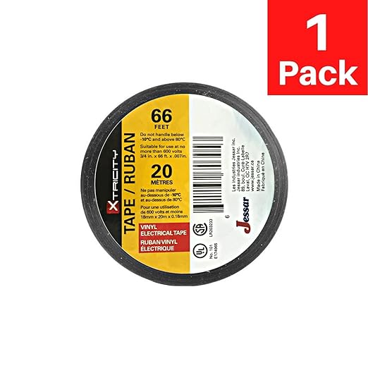 Xtricity Vinyl Black Electrical Tape 34 inch x 66 Ft for Electrical Insulation, Wire Bundling and DIY Repairs Ai Durable, Stretchy, General Purpose Ai Up to 600V (1 Pack)