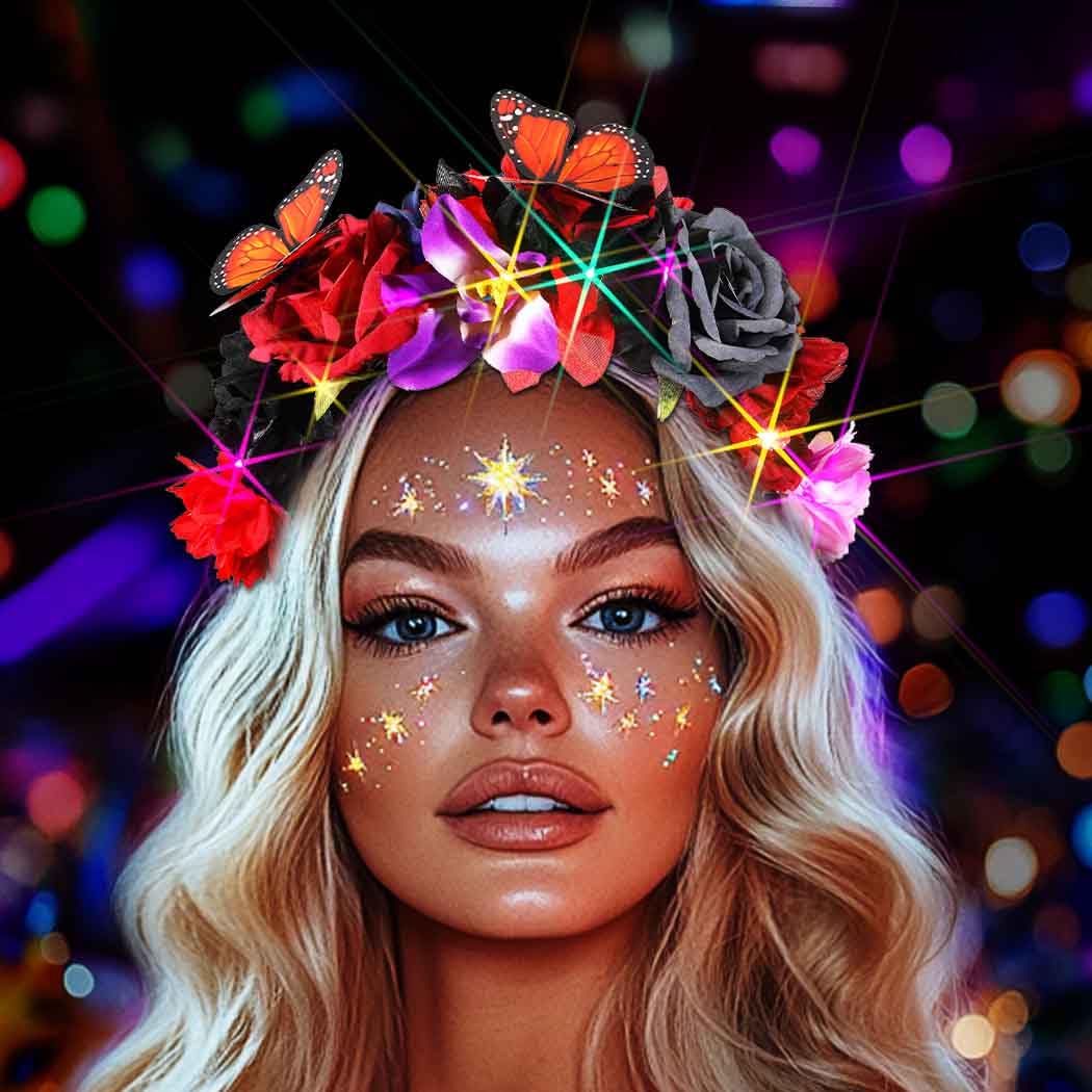 DRESBE Boho Light Up Flower Headband LED Butterfly Floral Headbands Glow Hawaii Beach Party Hair Accessories for Women (Multicolor C)-1 pack
