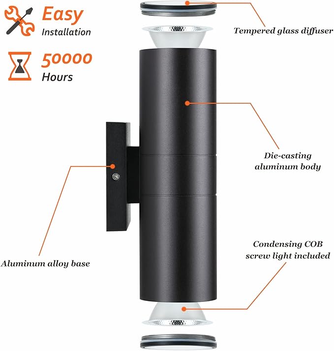 Outdoor Wall Lights 2 Packs, Integrated LED Cylinder Up Down 12W 2700K Modern Aluminum Light, Waterproof Exterior Light for Porch Patio Door