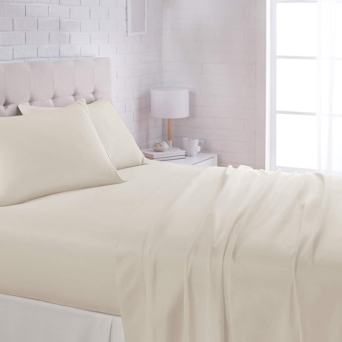 Basics Lightweight Super Soft, Breathable Easy Care Microfiber 4 Piece Bed Sheet Set with 14-Inch Deep Pockets, Queen, Beige, Solid