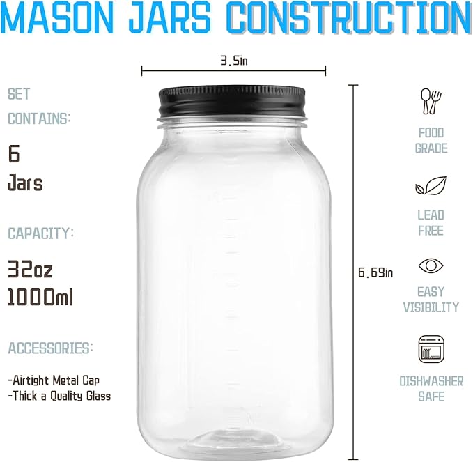 Novelinks 32 OZ Clear Plastic Mason Jars with Lids - Dishwasher Safe Plastic Mason Jars 32 OZ Plastic Jars with Lids for Kitchen Household Storage (6 Pack) (Black)
