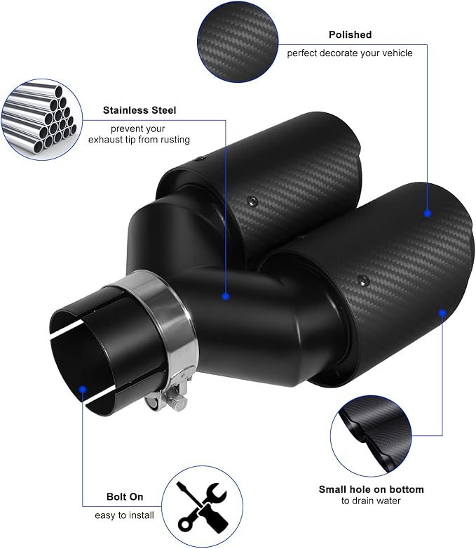 Vechkom 2.5 "Inlet to 3.5" Outlet Exhaust Tip Black Dual Y Carbon Car Rear Tip 9.8" Length Universal for Vehicles with 2.5" O.D. (Matt All Black)