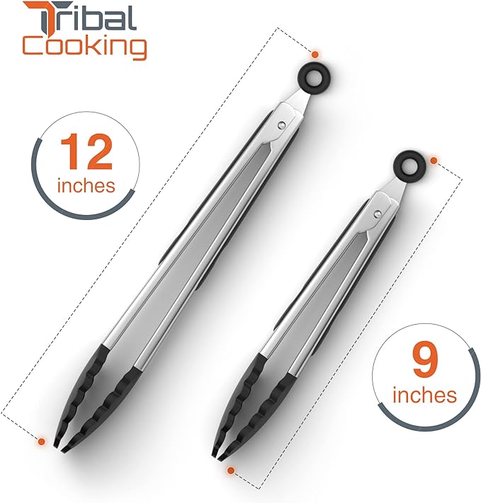 Tribal Cooking Stainless Steel Tongs - 9" and 12" With Silicone Tips, Locking BBQ Tongs