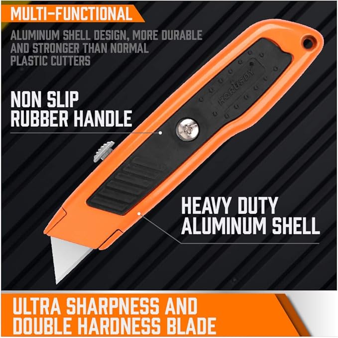 HORUSDY 4-Pack Box Cutter Utility Knife, Heavy Duty Aluminum Shell Retractable Box Cutter for Cardboard, Boxes and Cartons, Extra 10 Blades