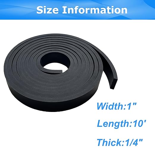 Solid Rubber Sheets,Rolls Strips 14 (.25)" Thick X 1" Wide X 10'Long, Solid Rubber Strips for DIY Gaskets Crafts Pads Sealing Abrasion Supports Flooring Protection Warehouse