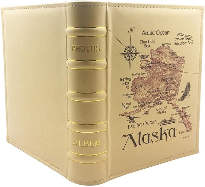 Imitation Leather Photo Album Slots album 200 Horizontal Insert Pockets Hold 4 x 6 Photos PU Cover Book Bound Alaska Map Travel Souvenir Family Vacation Birthday Wedding Memory Collection