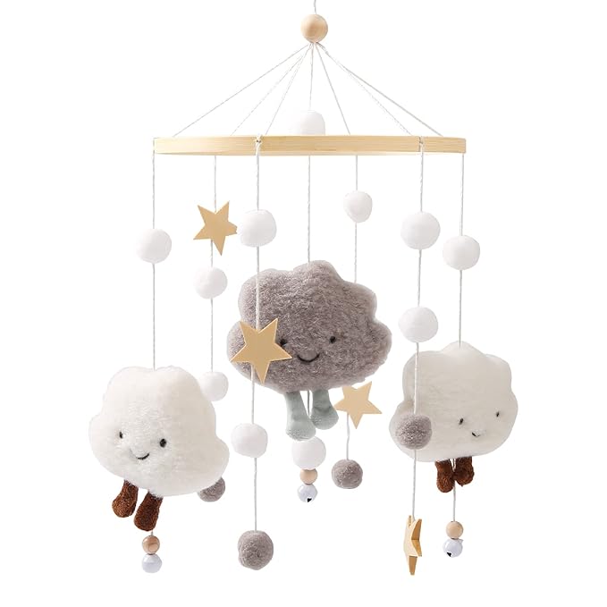 Baby Crib Mobile Wooden Wind Chime Bed Bell,Neutral Baby Crib Mobile,Baby Mobile for Crib,Handmade Baby Mobile,Clouds Baby Ceiling Mobile Baby Nursery Decoration (Grey)