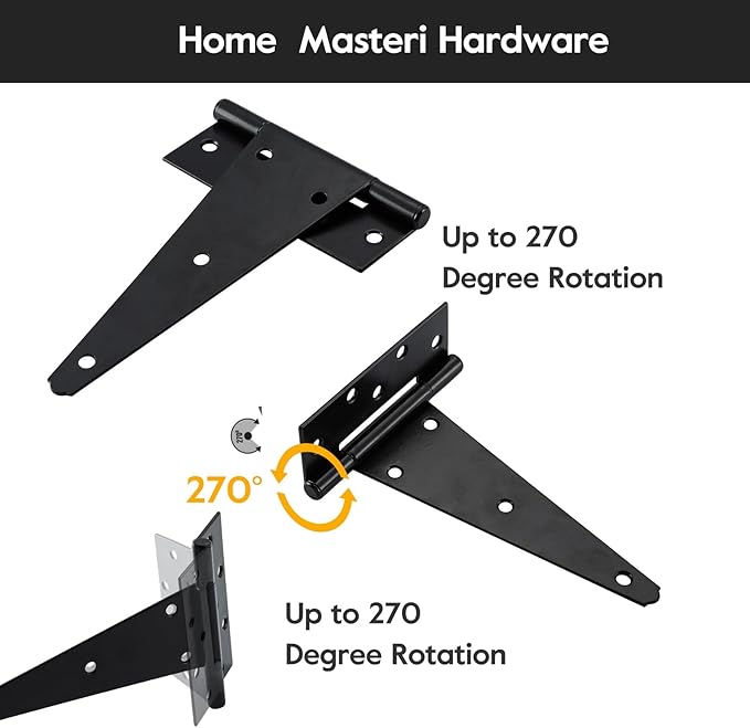 HOME MASTER HARDWARE 10 Inch T-Strap Heavy Duty Black Hinges for Outdoor Barns and Wooden Fences, 2Pack with Screws