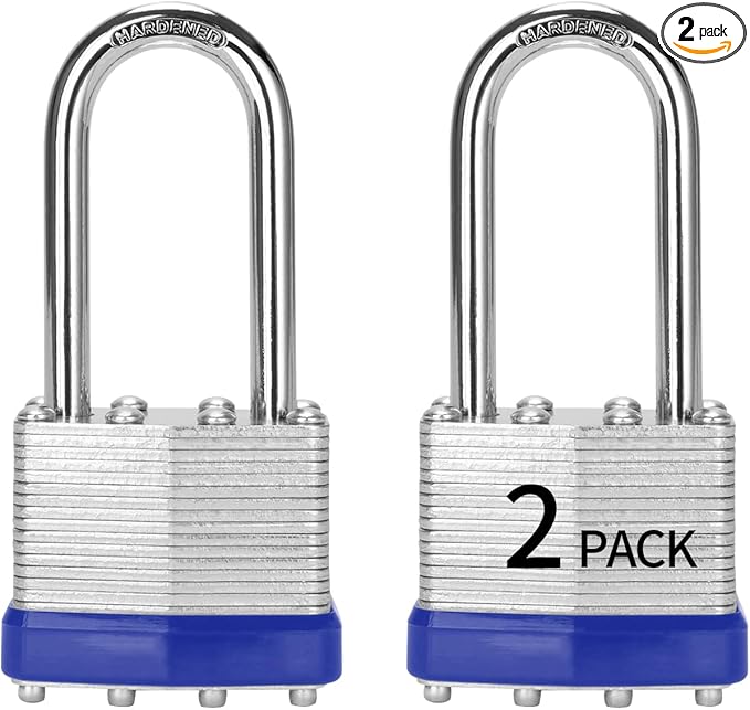 Padlocks Keyed Alike, Pack of 2, Laminated Steel Keyed Lock (1-9/16", 40mm), Padlocks with Same Key, Long Shackle, for Toolbox, Locker & StorageUnit or More