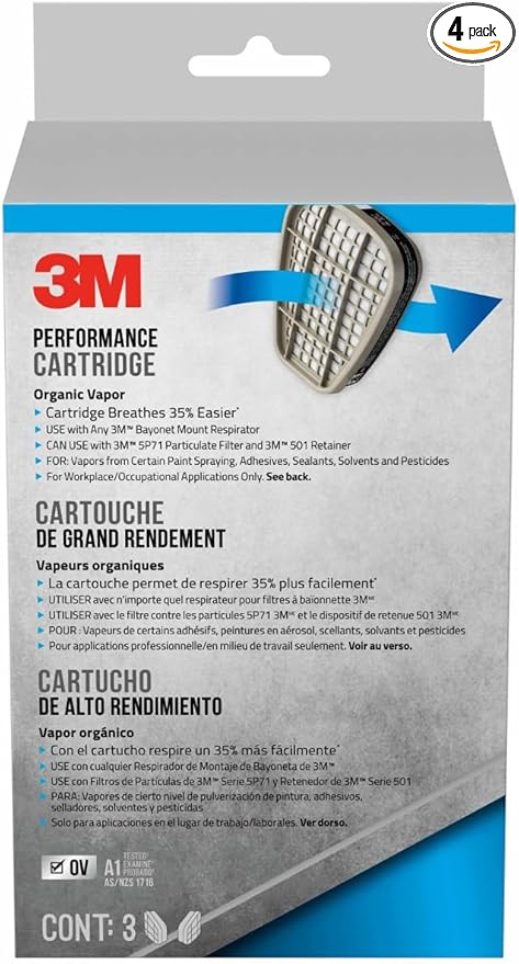 3M Organic Vapor Performance Cartridge, 3 Pairs, For Use With 3M 6000, 6500 7500 Series Facepieces, NIOSH-APPROVED OV For Use Against Certain Organic Vapors, Easy-To-Attach Design (6001P3-DC)